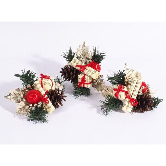 Vtg Artificial Christmas Branch Music Scroll Box Cone Gold Red Green Leaf Ball - Picture 1 of 7